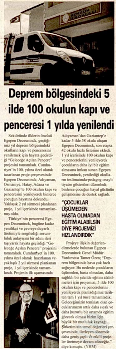 Deprem Bölgesindeki 5 ilde 100 Okulun Kapı ve Penceresi 1 Yılda Yenilendi