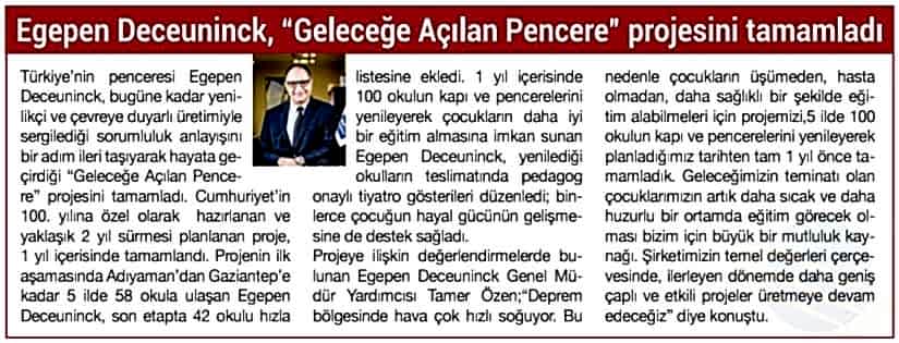 Egepen Deceuninck, ''Geleceğe Açılan Pencere'' Projesini Tamamladı